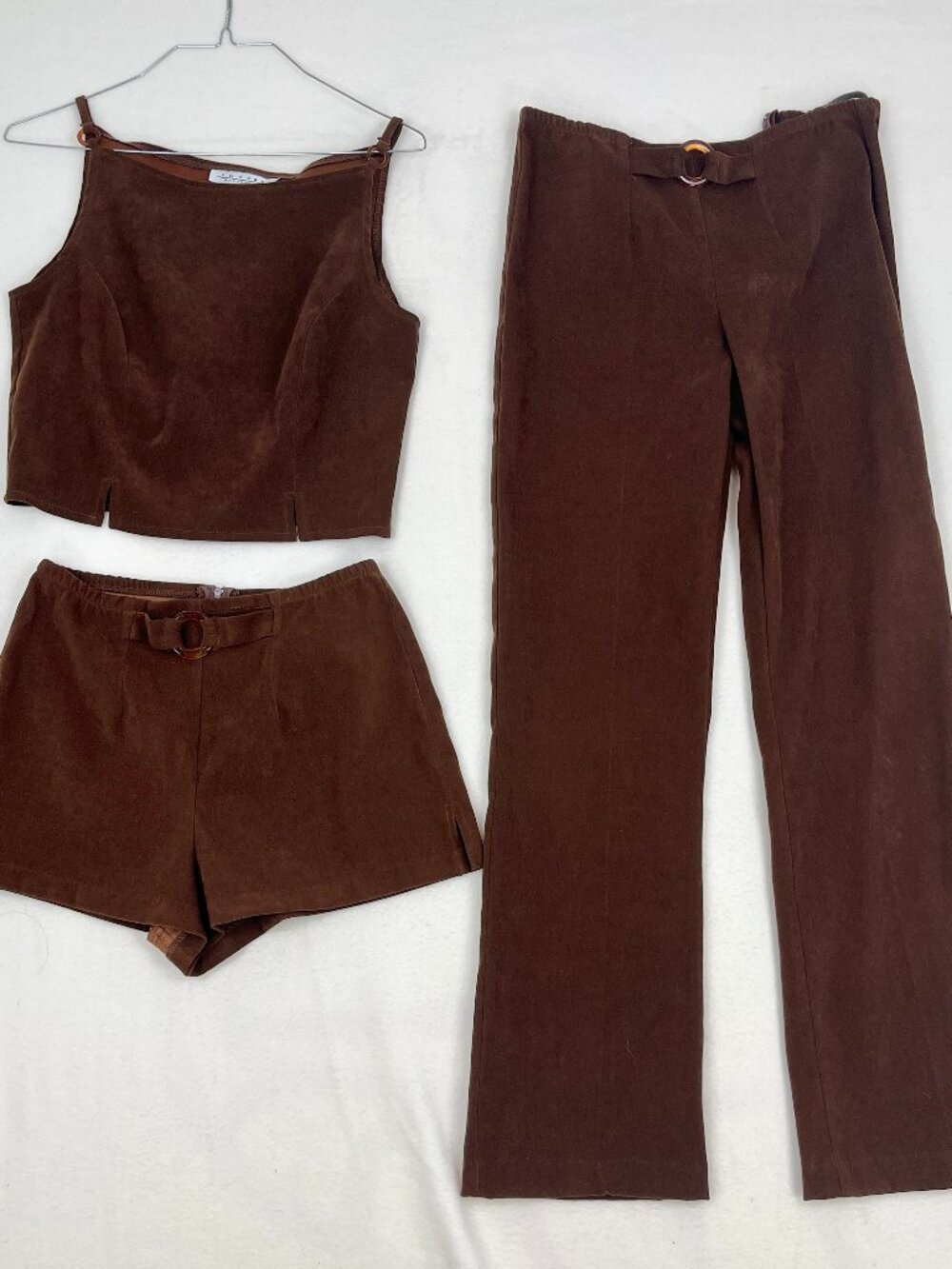 Y2K 3-Piece Microsuede Set Crop Top Shorts Flare Pants XS / S
